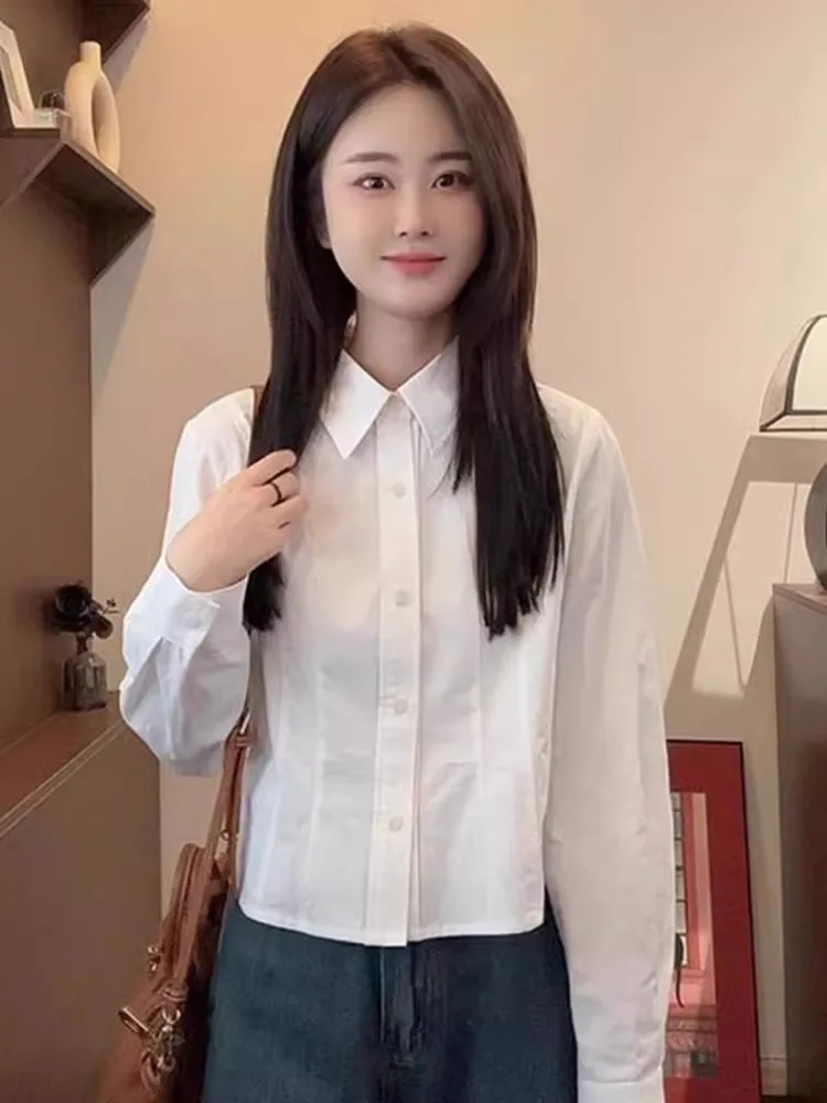 

Ele Pure Color Long Sve irt Single Button Design Chiffon Open Cardigan Korean Sle Commute Straight Tube Silhouette