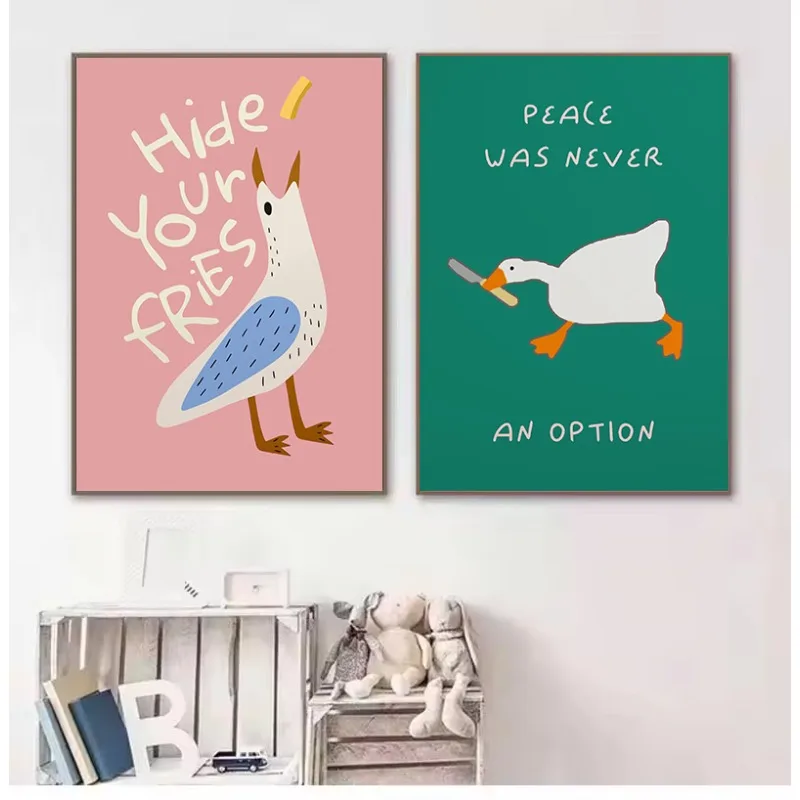 Funny Animals Cartoon Seagull Cute Black Cat Dog Silly Goose Illustration Poster Wall Art Pictures Canvas Painting Home Decor