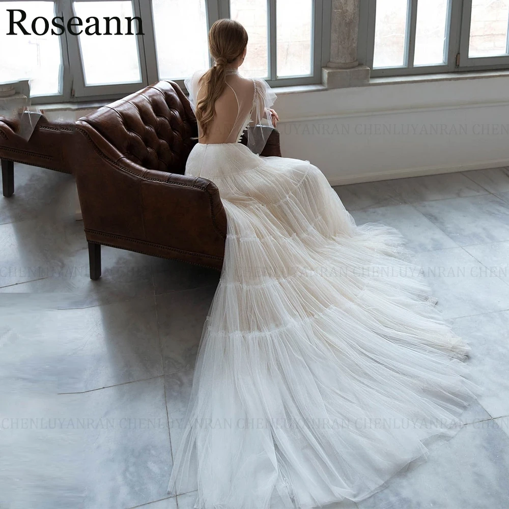 ROSEANN Shiny A-Line High Neck Wedding Dresses 2024 New Tulle Zipper Half Sleeve Applique Backless Bridal Gown Vestido De Novia