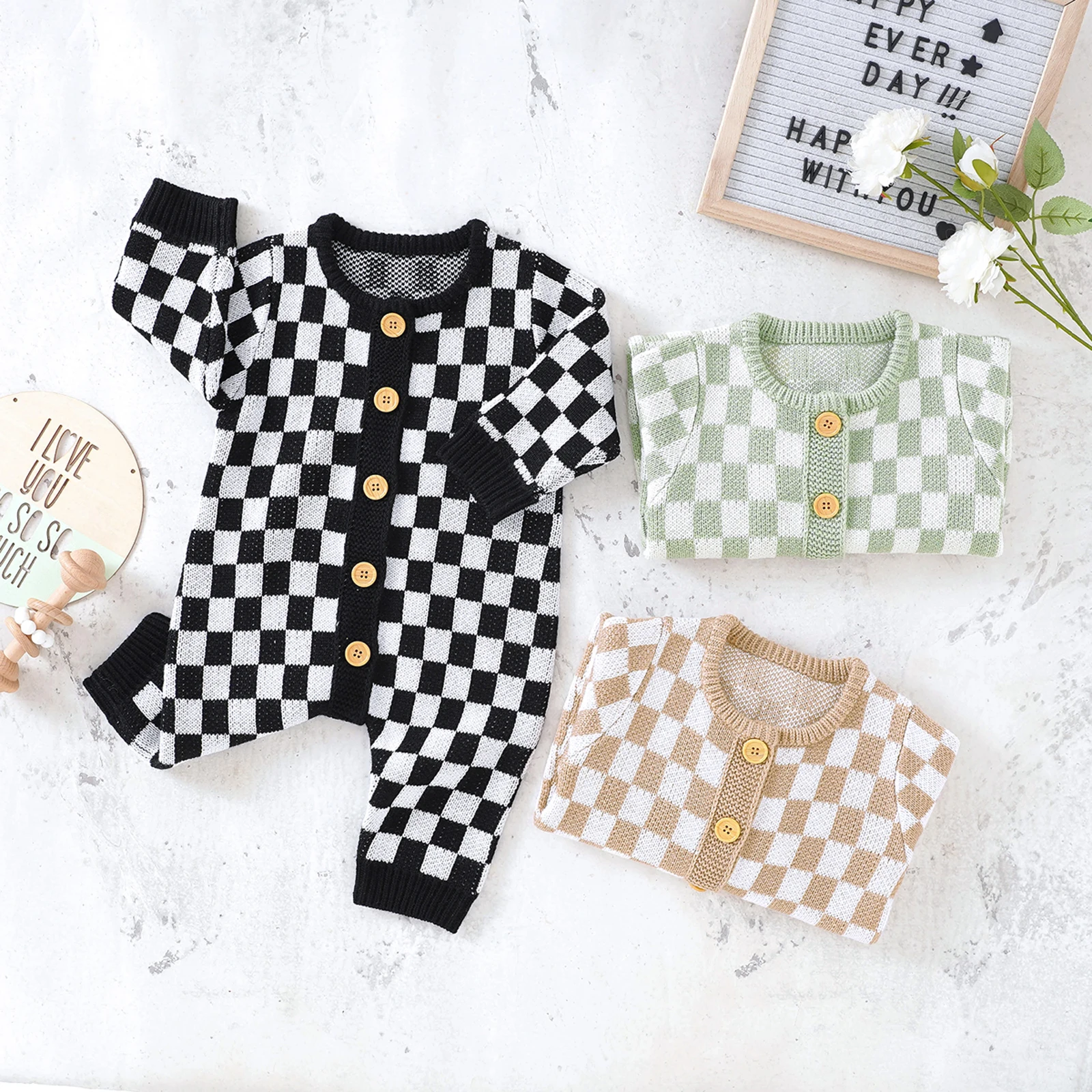 Infant Baby Girl Boy Knitted Sweater Romper Jumpsuit Checkerboard Plaid Print Long Sleeve Button Down Bodysuit Playsuits Clothes