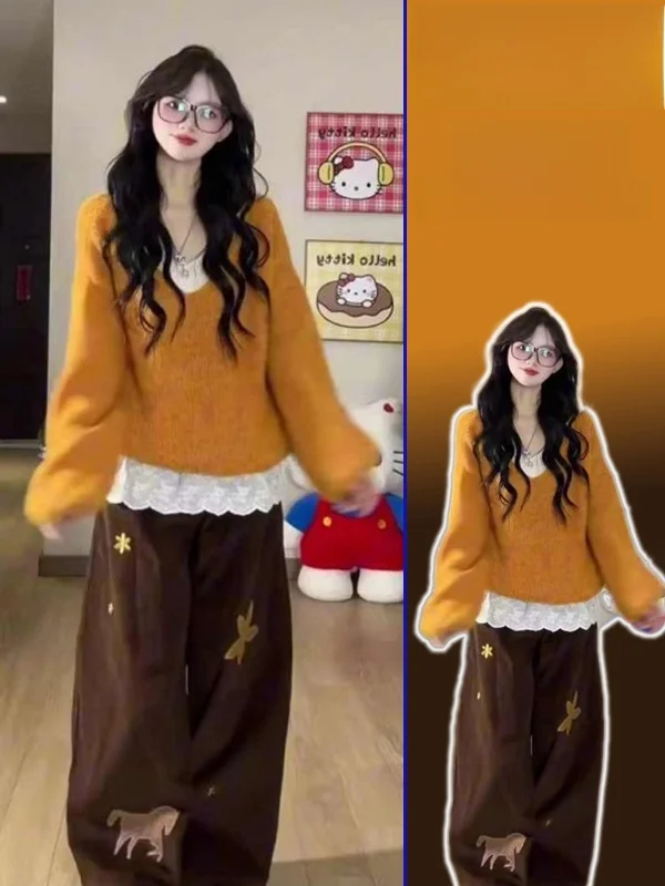 

Повседневный комплект из свитера оверсайз и широких брюк для женщин больших размеров: комфортная теплая одежда с V-образным вырезом и длинными рукавами