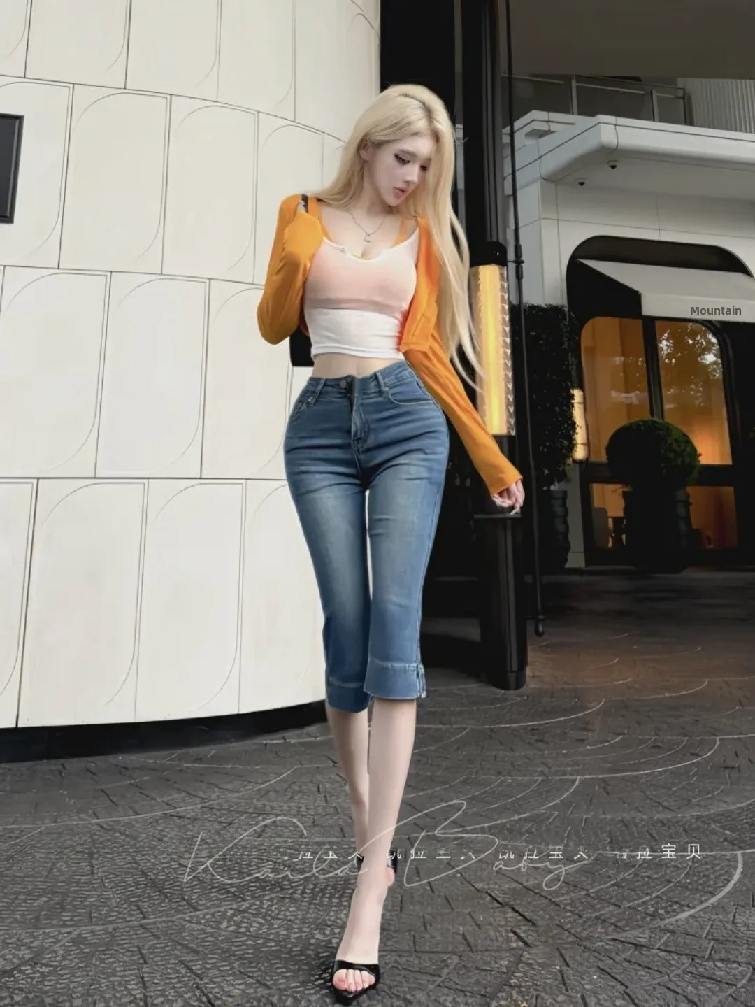 Slim Fit American Waist Jeans Crop Pants Thin New Fashion Personality Match Large Hip Jeans Seven-Point Pants High Waist