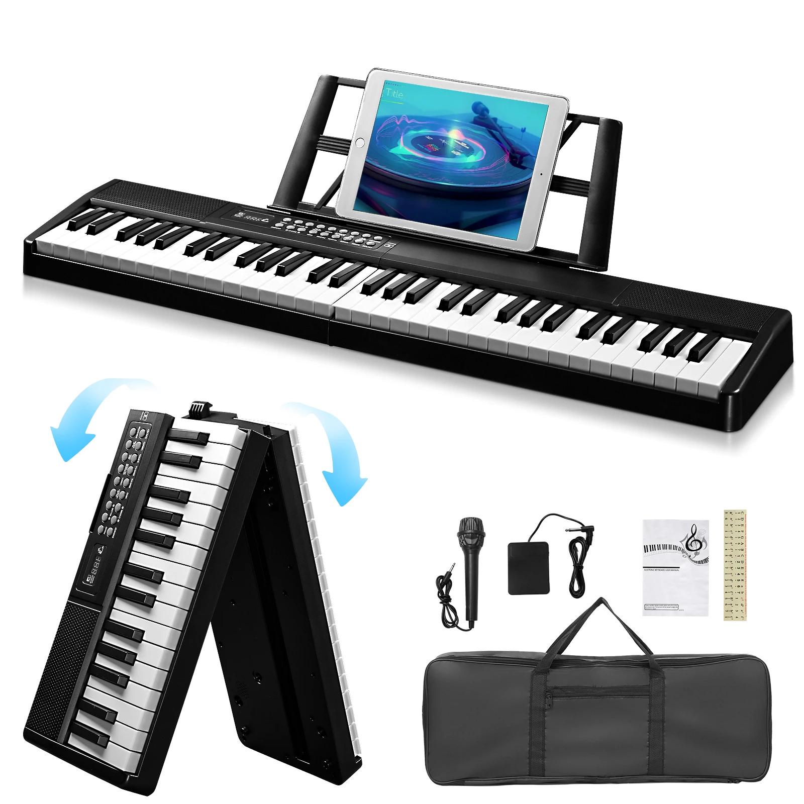 

GEP-204 61Key Folding Piano Semi-Weighted Standard Keyboards Digital Piano with Bluetooth, Handbag, for Piano Lover Black color