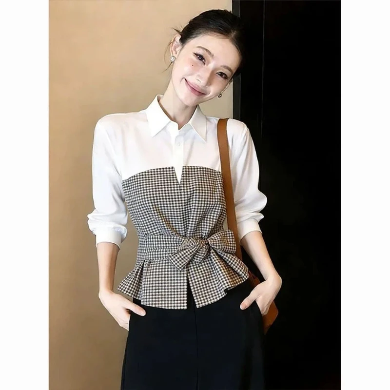 Fake Two Plaid Contrast Patchwork Trend Blouse Spring Autumn Long Sleeve Polo Neck Elegant Shirts Office Korean Women Clothing