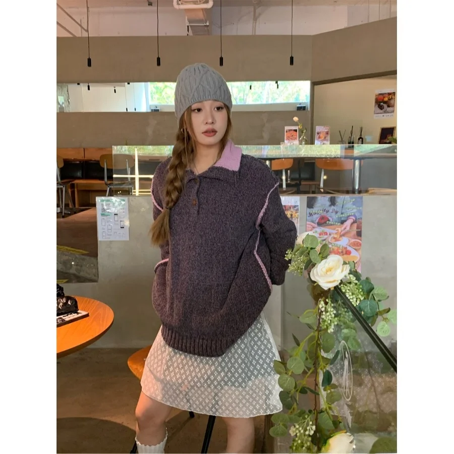 

Autumn Winter Thiened Knitted Loose Sweater Women's Faion Retro Collar Long Sve Turtlene Vest Top Polyester Fiber