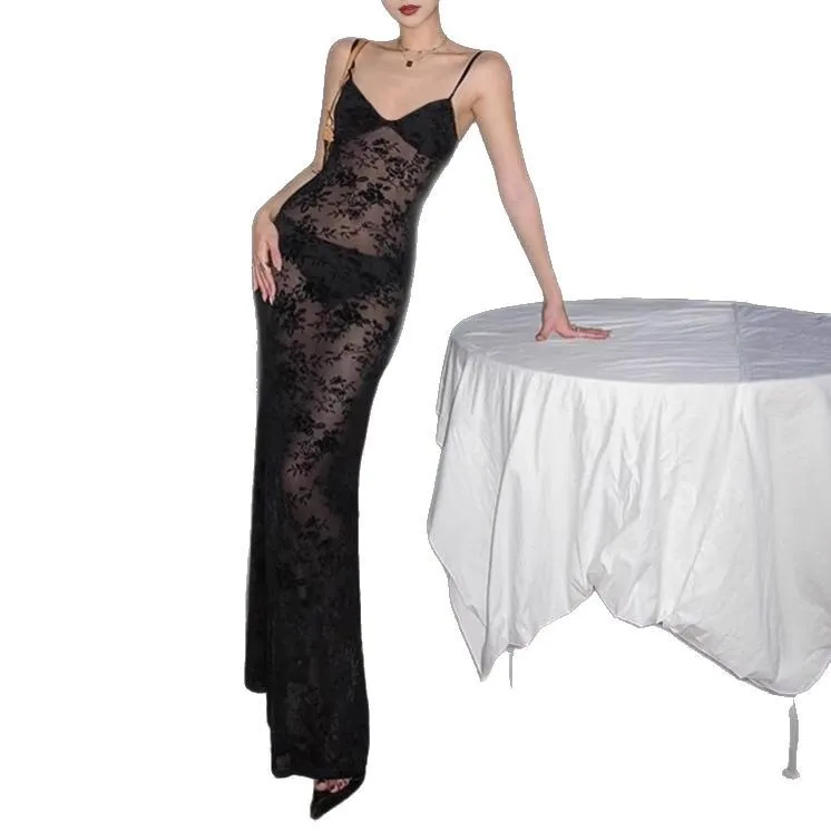 V Neck Spaghetti Strap Backless Lace Dress – Sheer Mesh Long Maxi Evening Gown with Floral Lace Pattern, Slim Fit Floor Length - view 5