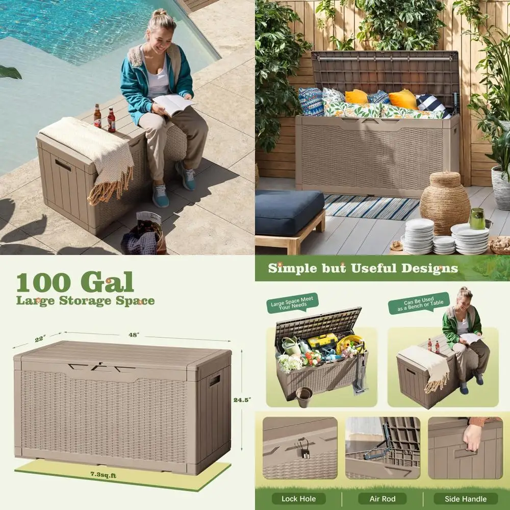 

Всепогодный садовый ящик-скамья из полимерной смолы на 100 галлонов – запираемый уличный контейнер для хранения подушек для патио, инструментов и аксессуаров для бассейна (коричневый)