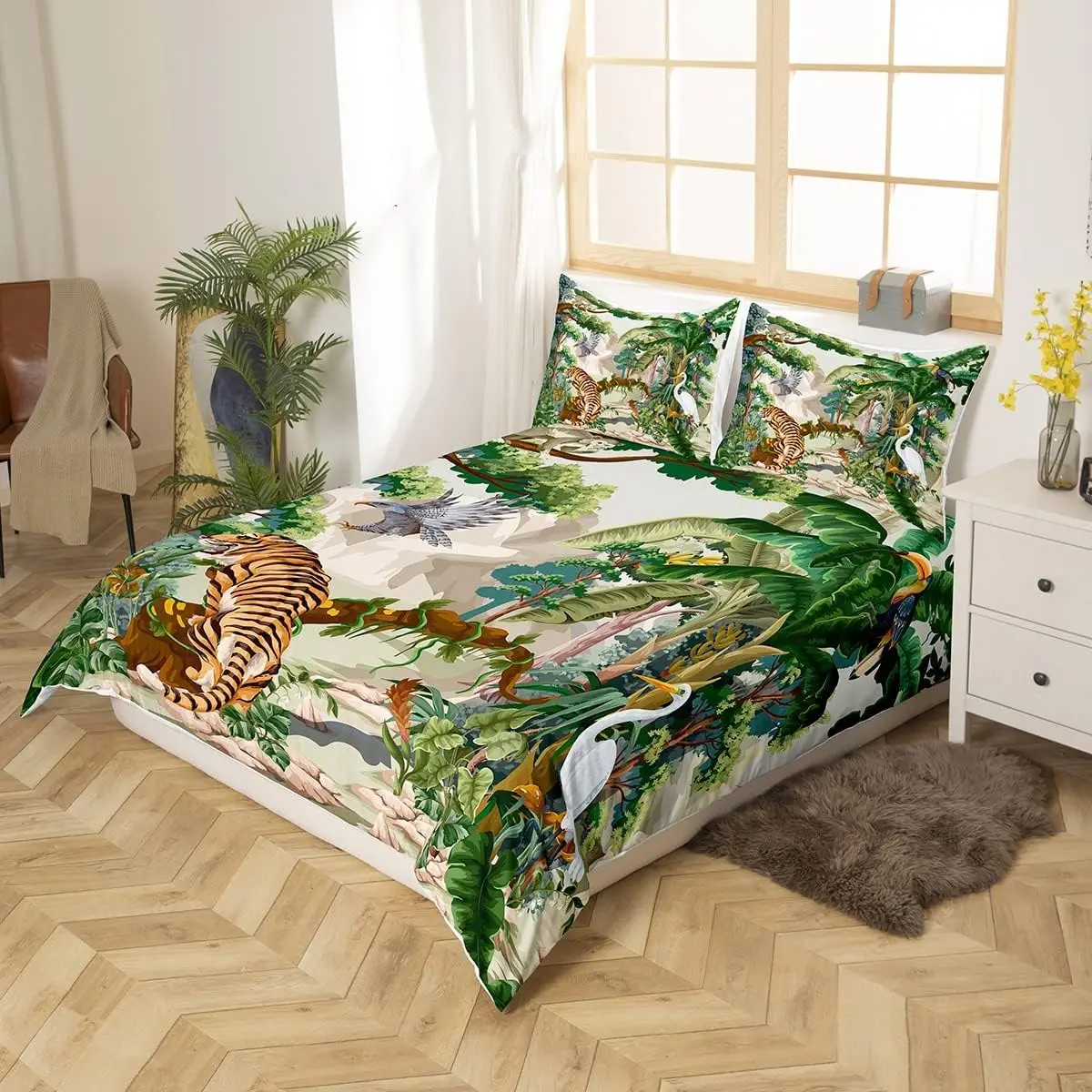Tiger Animal Duvet Cover Single Size Green Palm Leaves Jungle Bedding Set With 1 Pillowcase Rainforest Eagle Wildlife
