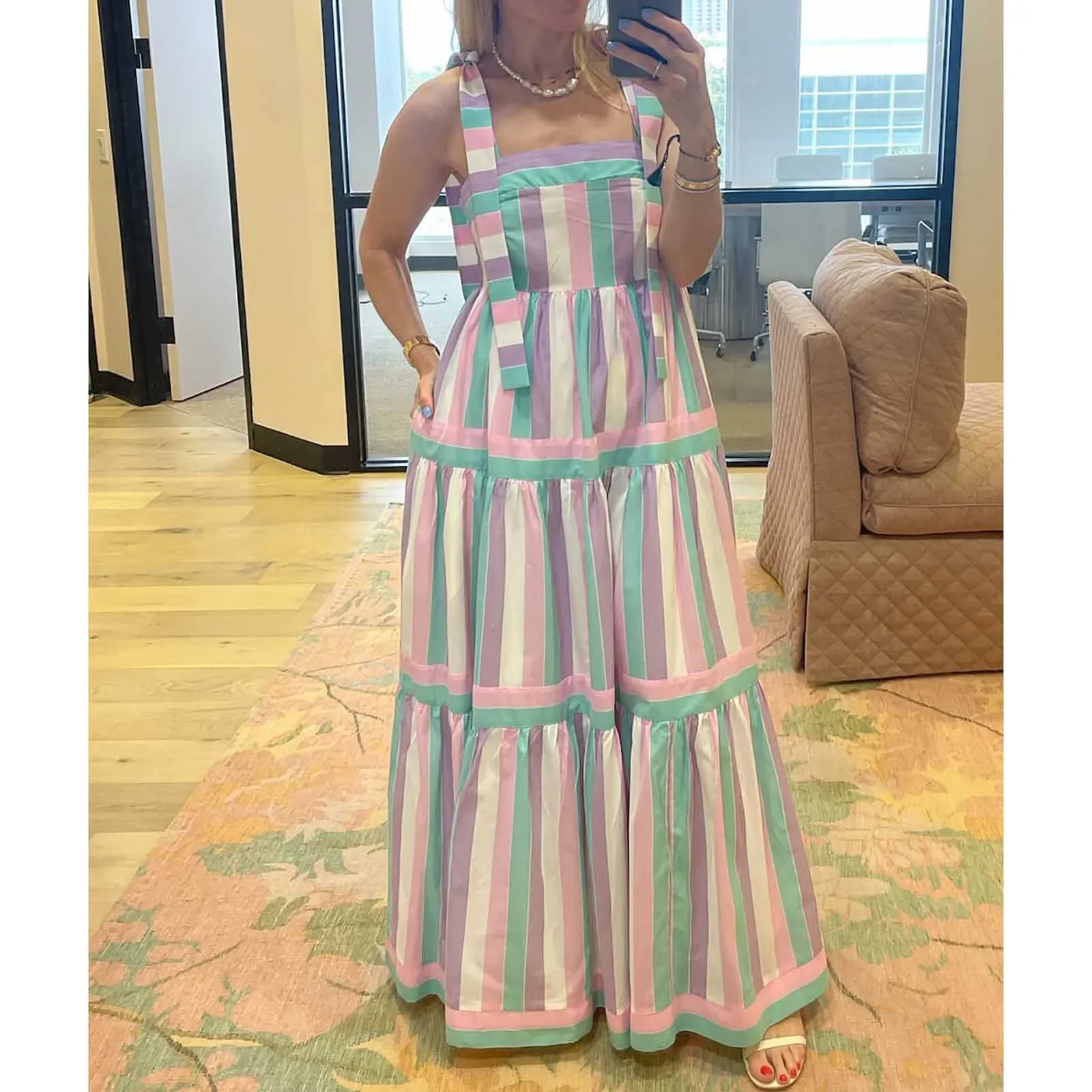 Women Fashion Stripe Cami Dress Tie-Up Shoulder Straps Sleeveless Dress Summer Casual Long Dress