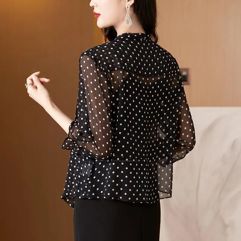 Women Clothing Fashion Polka Dot Print Elegant Thin Sunscreen Shirt Summer 3/4 Sleeve Loose See Through Blouse Casual Loose Tops