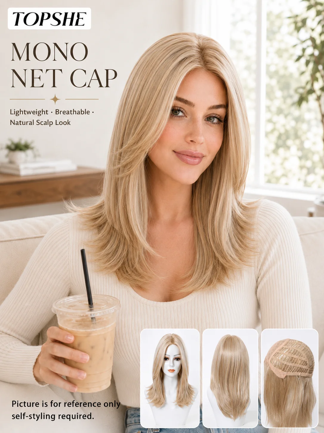 TOPSHE Premium Ash Blonde Layered Synthetic Wig MONO Net Cap Monofilament Top Realistic Scalp Natural Look Heat Resistant