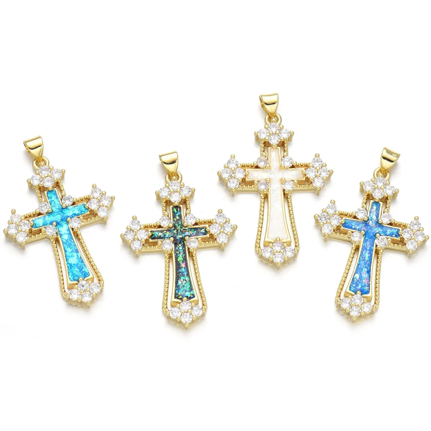 5pcs Opal Copper Gold Plated Micro-Inlaid Zircon Cross Pendant Accessories DIY Pearl Necklace Jewelry Making Materials Wholesale