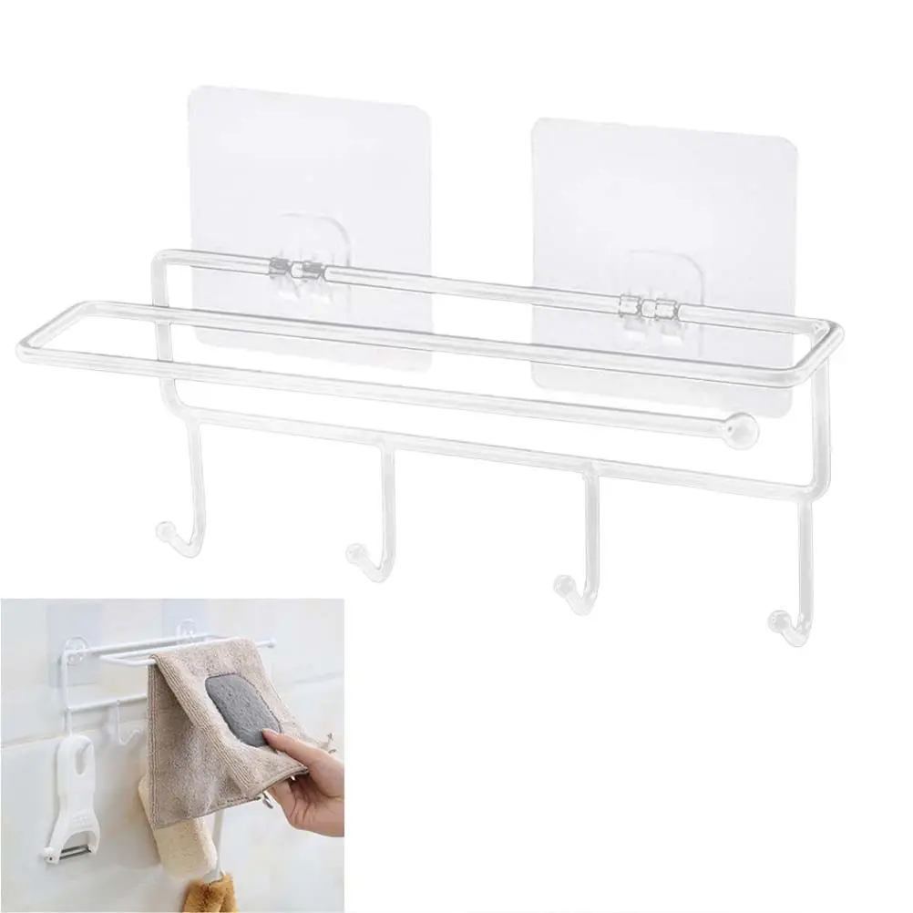 White Self-Adhesive Iron Storage Rack Kitchen Paper Towel Holder Bathroom Towel Rack No Drill Easy Install Round Beads Support