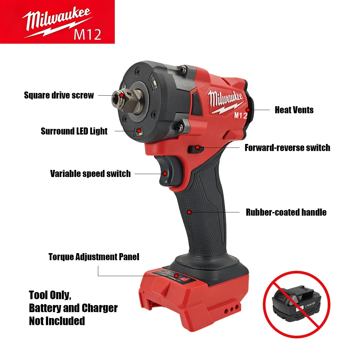 MilwaukeeM12 M18 FUEL Brushless Electric Impact Wrench 1/2 Inch 2800RPM 400Nm Torque - Stepless Speed Control with LED Light
