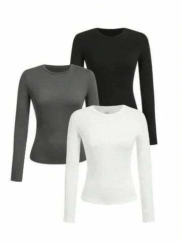 Women's solid-color long-sleeved T-shirt - Polyester knitted fabric, round neck, regular fit, fall-winter style