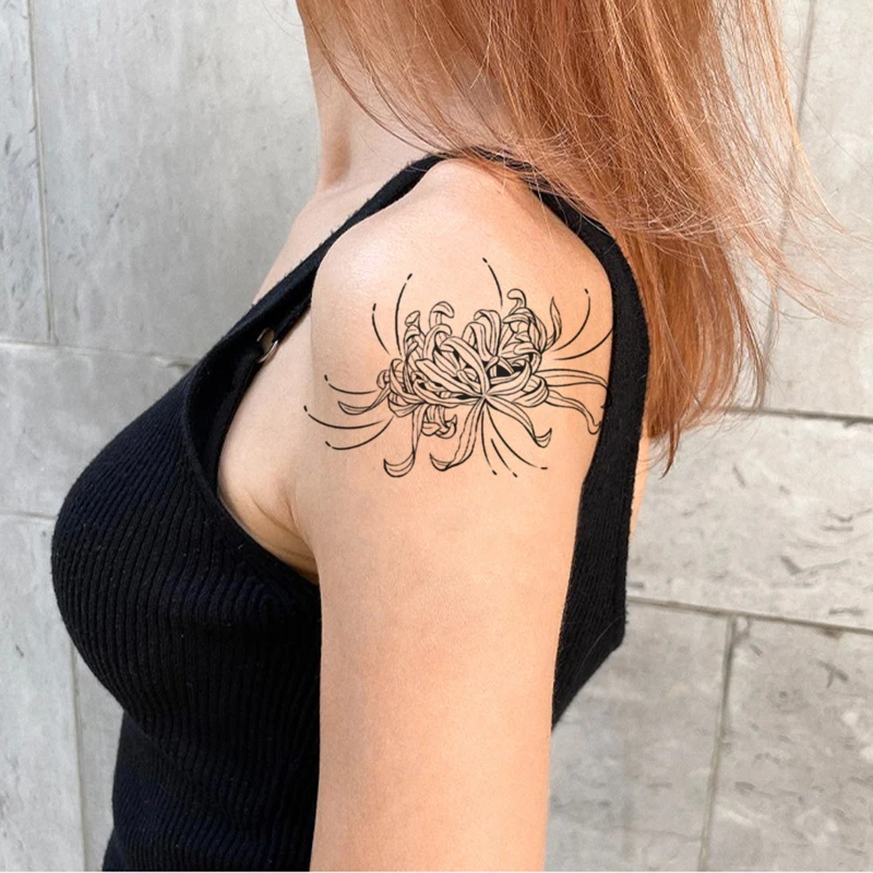 Tatuagens temporárias de Higanbana preto para mulheres, flor criativa, tatuagem de mão falsa, pescoço no peito, festa de verão, meninas, 1pc