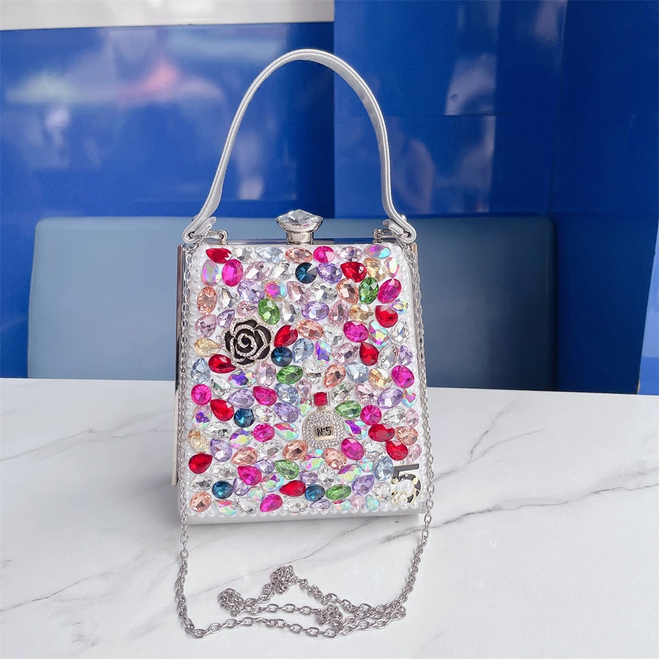 Rhinestone Mini Handbag for Women PU Leather Handmade Banquet Bridal Portable Makeup Jewelry Storage Crossbody Bags