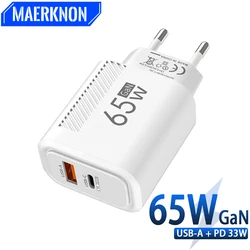 GaN-Adaptador de pared de carga rápida para teléfono móvil, Cargador USB tipo C, PD, 65W, para iPhone 14, 15, Xiaomi 13, Samsung