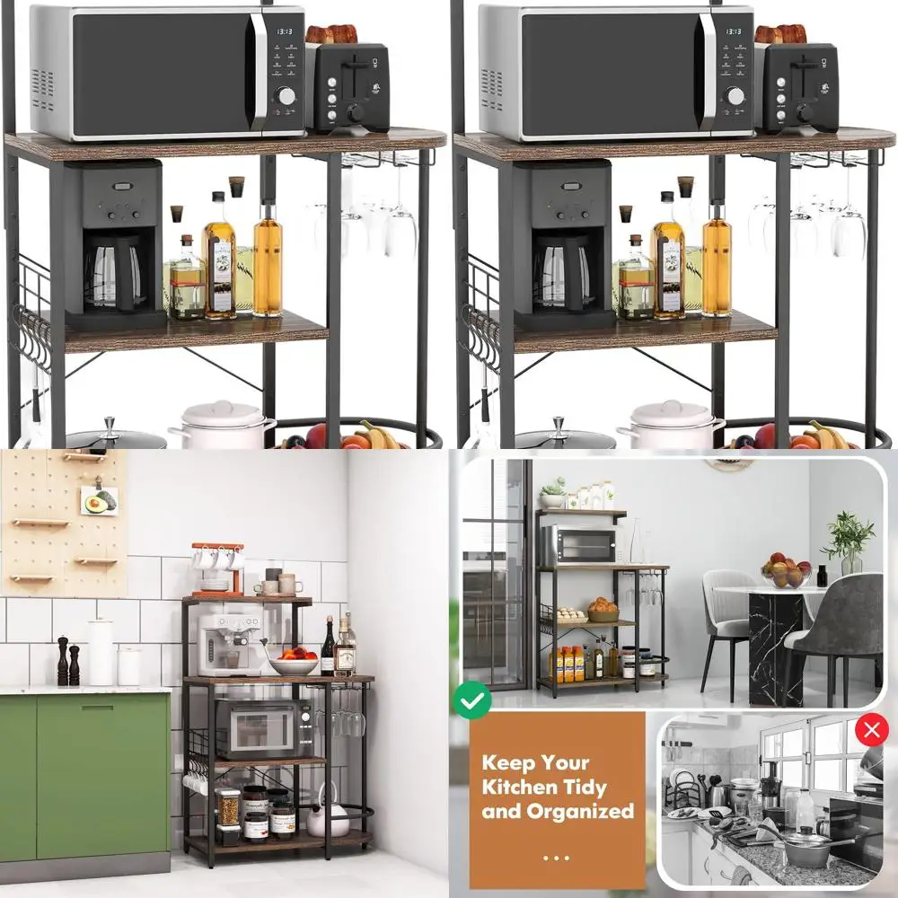 

4-Tier Kitchen Baker's Rack with Detachable Shelf, Industrial Microwave Stand, Hooks, Glass Holders, Coffee Bar, Utility Storage