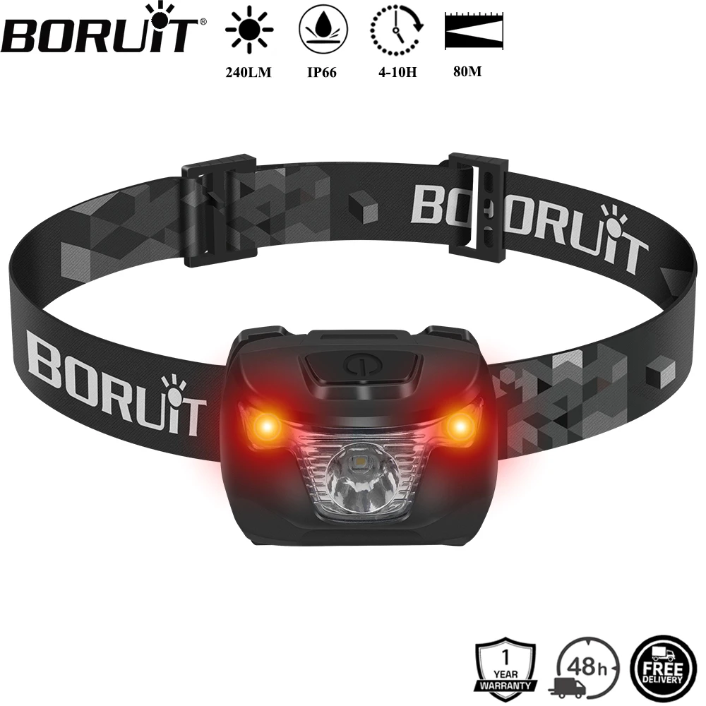 BORUiT BR01 White & Red LED Mini Headlamp 240LM 4-Mode Headlight Waterproof Camping Fishig Torch Powered by AAA Battery