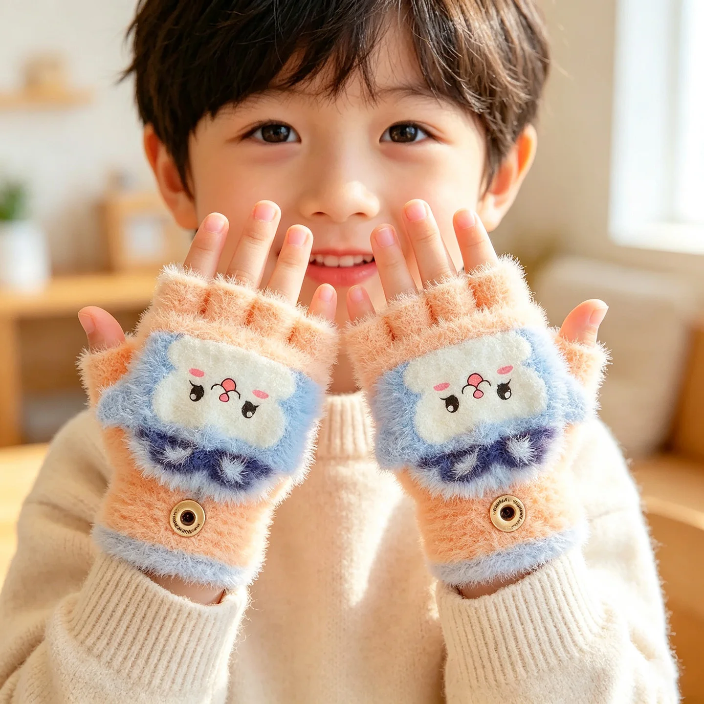 Cute Toddler Winter Plush 2‑in‑1 Flip‑Top Mittens Snap Button Animal Cold-proof Hand Warm Gloves For Boys Girls  Children Gift