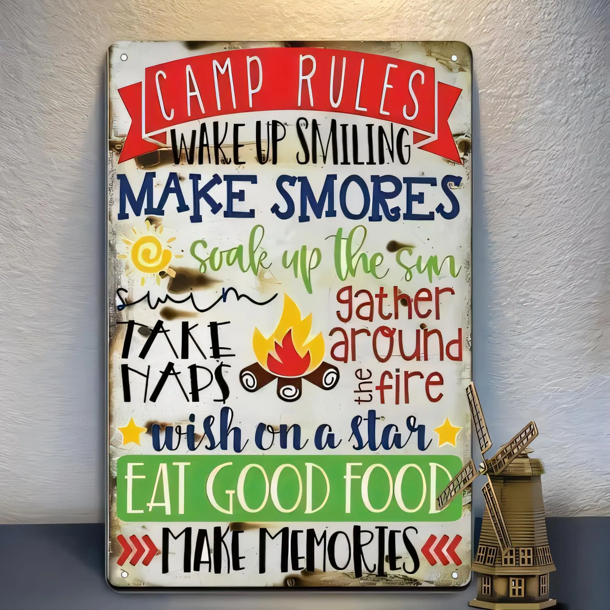Tin Sign Vintage Camp Rules Quote Wall Decor Metal Poster Wake Up Smiling Make S'mores Eat Good Food Take Haps Around Fire Make