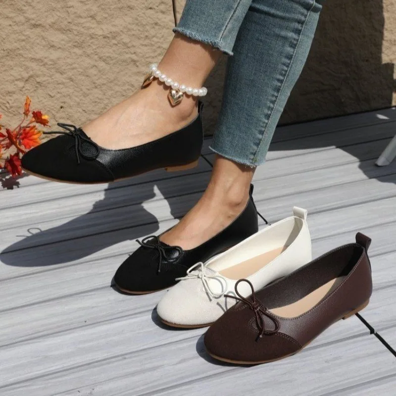 Women Spliced Bow Ballet Flats, Round Toe Slip‑On Casual Flat Shoes, Multiple Colors Available Shoes