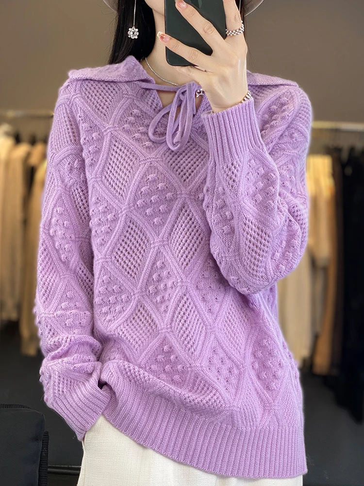 Addonee sweter Pullover kerah pelaut berongga wanita sweter musim semi musim gugur kenyamanan Grace 100% atasan rajut wol Merino atasan gaya Korea