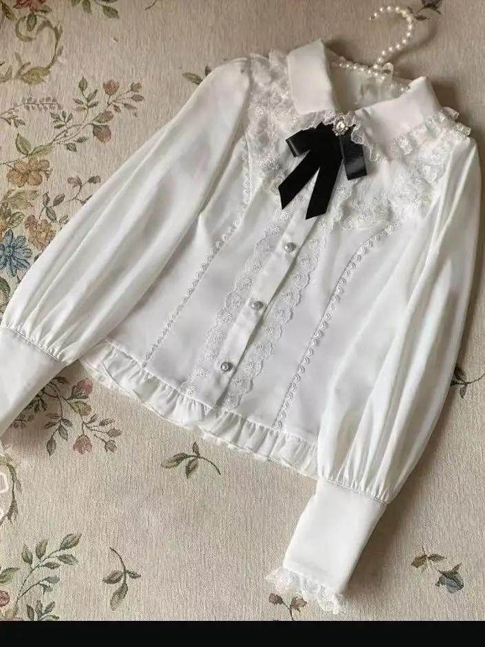 Harajuku Fashion Lolita Long Sleeve Blouse Female Y2K Retro Solid Shirt Cute Lace Splice Japanese Daily Casual Outfit - view 2