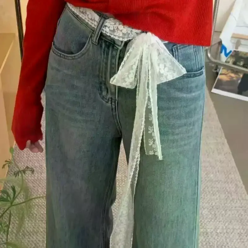 

Уникальный пояс-шарф Y2K с кружевом и цветочным бантом, тонкий пояс для платья и джинсов, аксессуар для волос