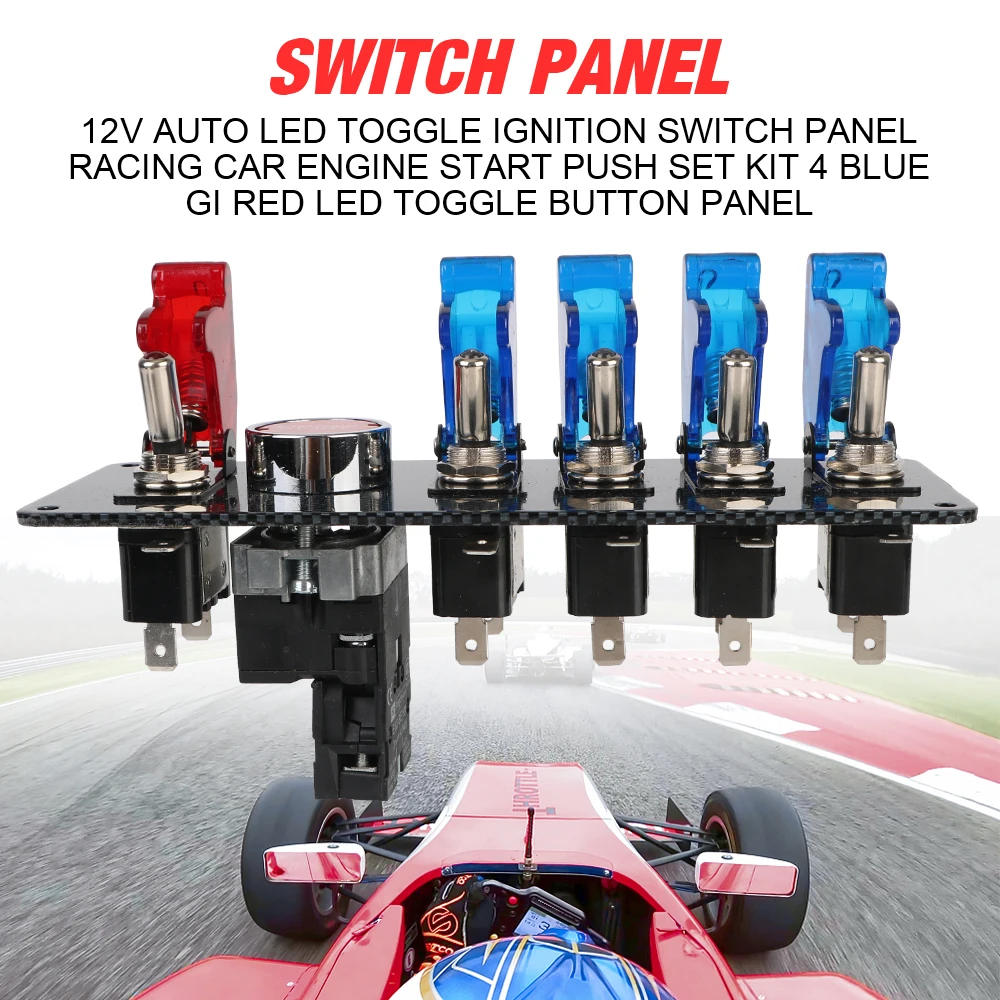 4 Blue & 1 Red Racing Car Engine Switch 12V Auto LED Toggle Ignition Switch Panel Start  On/Off  Push Set Kit