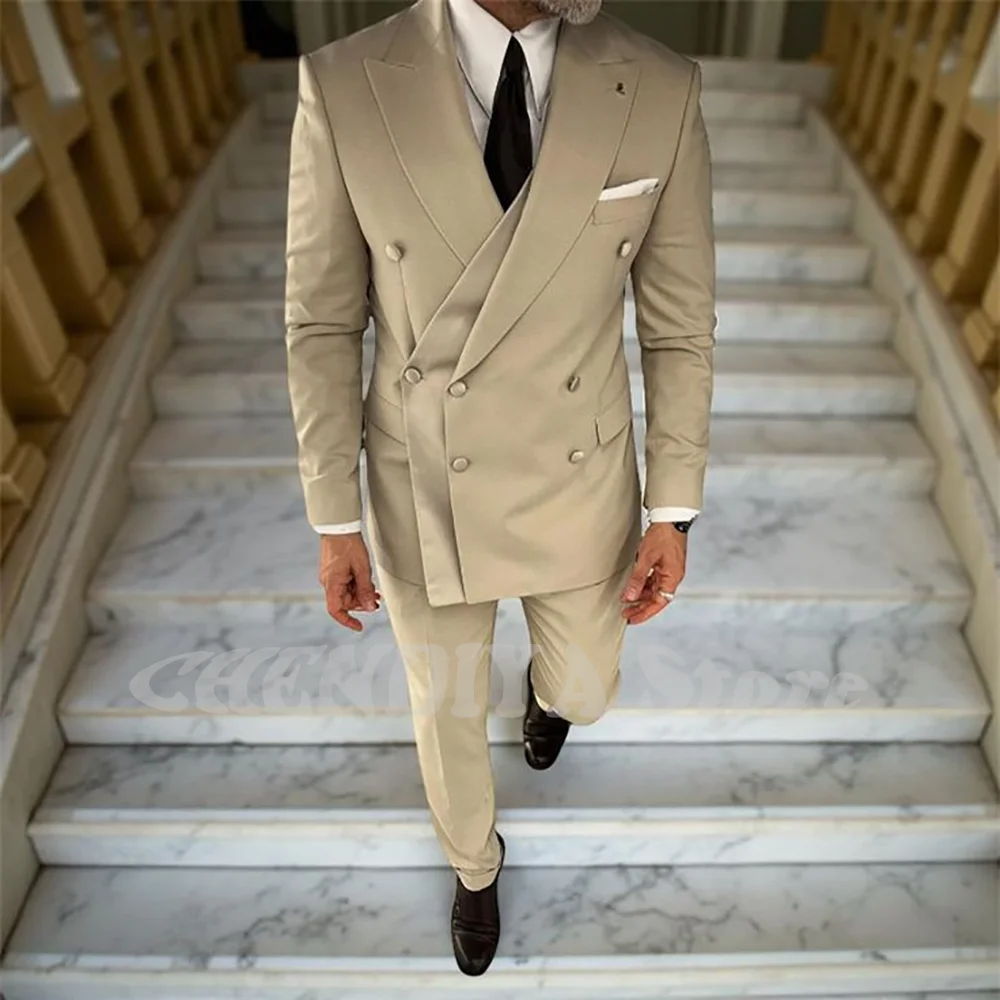 

High Quality Peaked Lapel Suit For Men Double Breasted Gentleman Wedding Groom Tuxedo Custom Man Fashion Clothes Set Two Pieces