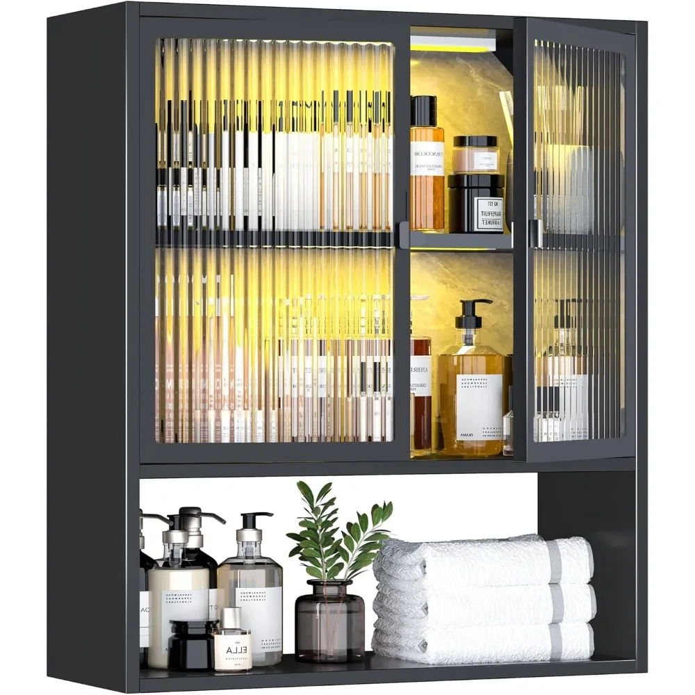 

Металлический настенный шкаф со стеклянными дверями и светодиодной подсветкой, настенный аптечный шкаф над унитазом, компактный шкаф для хранения