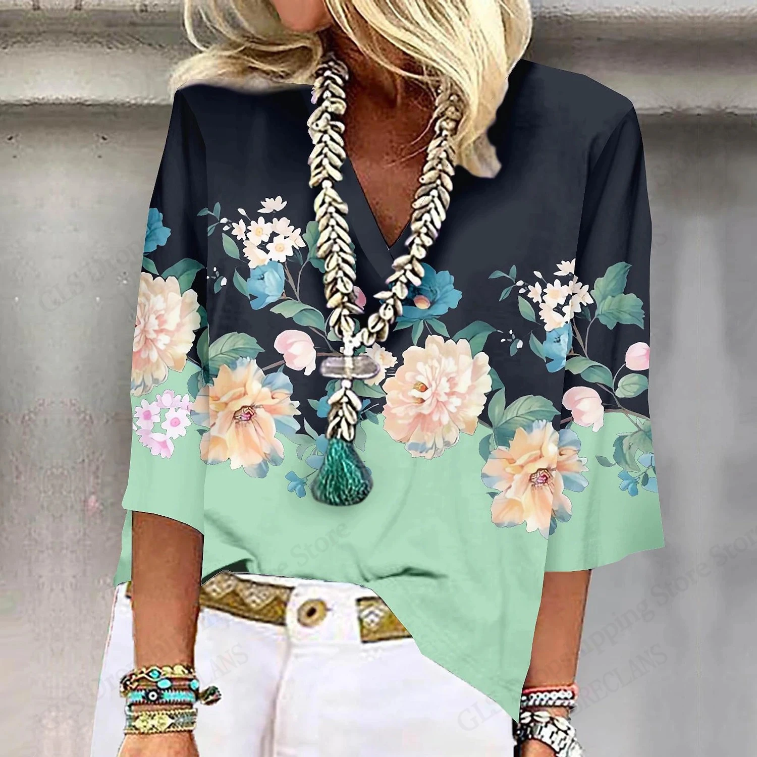 2025 여름 새로운 여성 티셔츠 꽃 꽃 3d 인쇄 Tshirt 여성 패션 v 넥 짧은 소매 오버 사이즈 탑 티 여성 의류