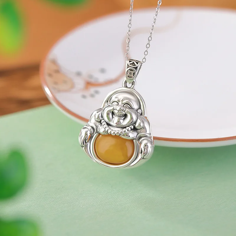 

Silver 999 Amber Laughing Maitreya Big Belly Buddha Versatile Pendant