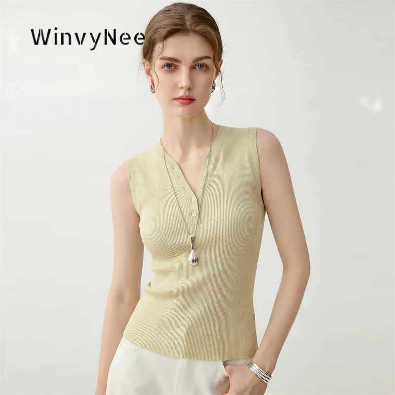 WinvyNee Women Fine Worsted Pure Wool Sleeveless Vest Solid V Neck Flutter Sleeve Yarn Button Decor Soft Warm Autumn ZC1817013