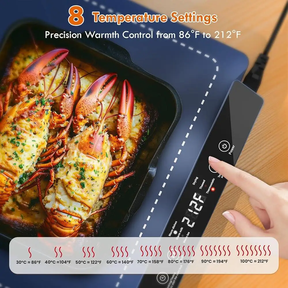 Electric Food Warming Tray Silicone Heat Mat with 8 Adjustable Temp Settings Fast Graphene Heating Compact Foldable Design Touch
