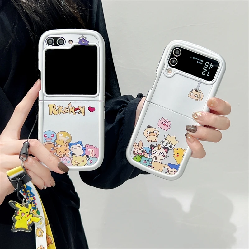 

UFO CATCHER Pokémon Pikachu With Lanyard Phone Case for Samsung Galaxy Z Flip 6/5 /4/3 Hard Anti-drop Back Silver Plating Cover