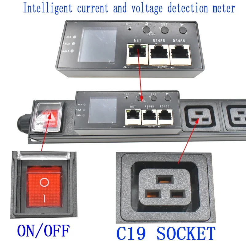 Tira de alimentación PDU, unidad de distribución de energía 2-5AC, medidor inteligente de detección de corriente y voltaje, enchufe C19, cable extendido de 2M
