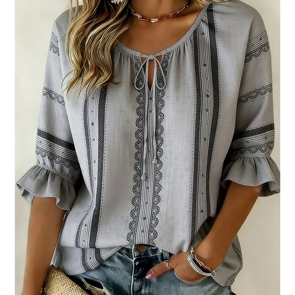 

Women's Gray Striped Lace Detail Shirt Tie Neck Ruffled 3/4 Sleeve Elegant Casual Loose Top for Office Daily Wear