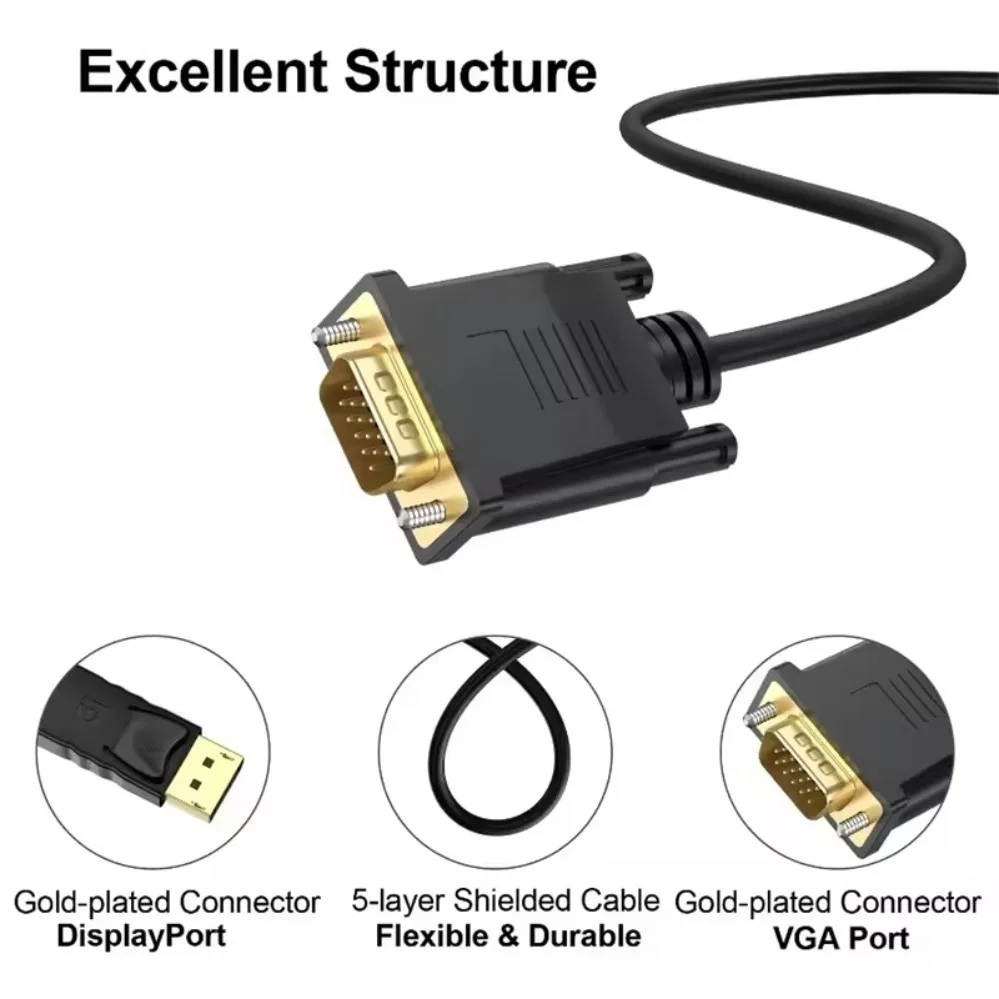 1.8m 1080P DisplayPort DP To VGA Adapter Cable DP Male To VGA Male Video Cables for PC TV Laptop Projector DP Conversion Cables image 6