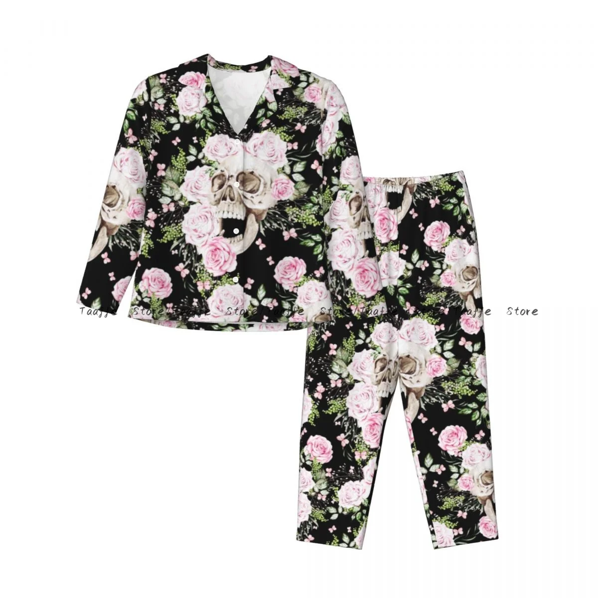 Women Sleepwear Pajamas Watercolor Skull Peony And Roses Long Sleeve Pijama Female Set Negligee Cardigan Suit