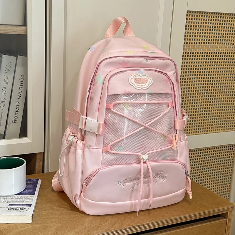 

Женский вместительный рюкзак с принтом звезд, прозрачным сетчатым карманом, декором в виде сердца, регулируемым ремнем, повседневный, для школы, Itabag, новинка 2026 года