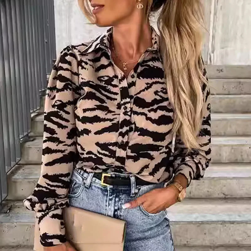 Sexy lapela único breasted blusa feminina 2025 outono novo temperamento senhora festa topos moda leopardo impresso camisas de manga longa