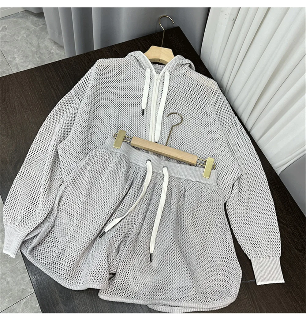 

Women's Knitted Hollow Hooded Cardigan Top + Drawstring Elastic Waist Shorts 2 Piece Set High Quality Women's Clothing