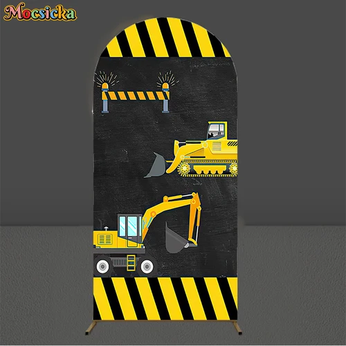 Imagen 2 del producto Mocsicka Feliz cumpleaños cubierta de arco telón de fondo excavadora carretera construcción decoración de fiesta bebé niños foto fondo arqueado estudio