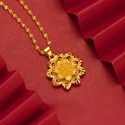 Solid 18k Yellow Gold Color Hollow Sun Flower Necklace for Women Bride Charm Fine Jewelry Link Chain Wedding Party Gift Not Fade