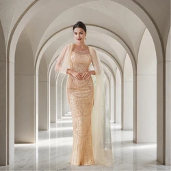 Champagne Beaded Tulle Evening Dresses Arabic Dubai Cape Sleeve Pearls Mermaid High Slit Sequined Formal Party Prom Gown Vestido