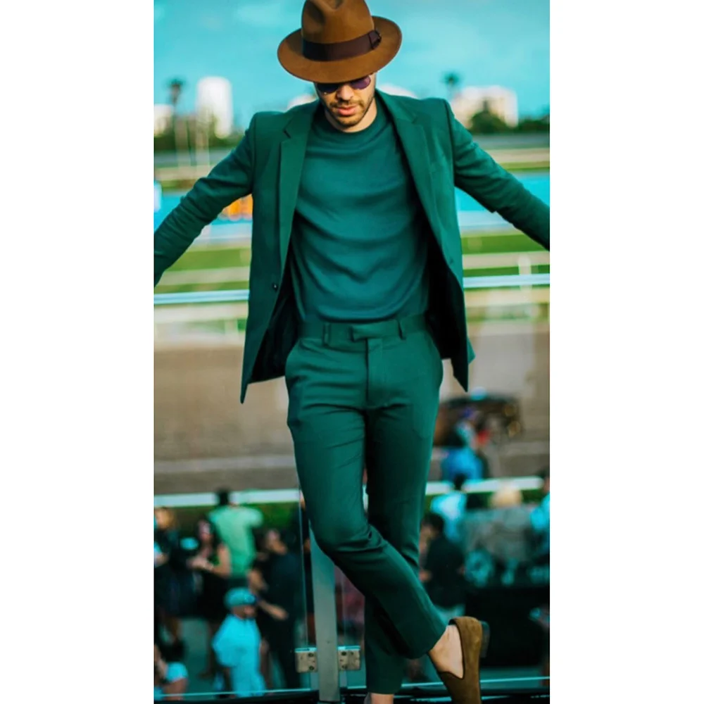 

Men Green Suit 2 Pieces Jacket Pants Slim Fit Chic Outfits High Quality Boutique Travel Commute Male Clothing