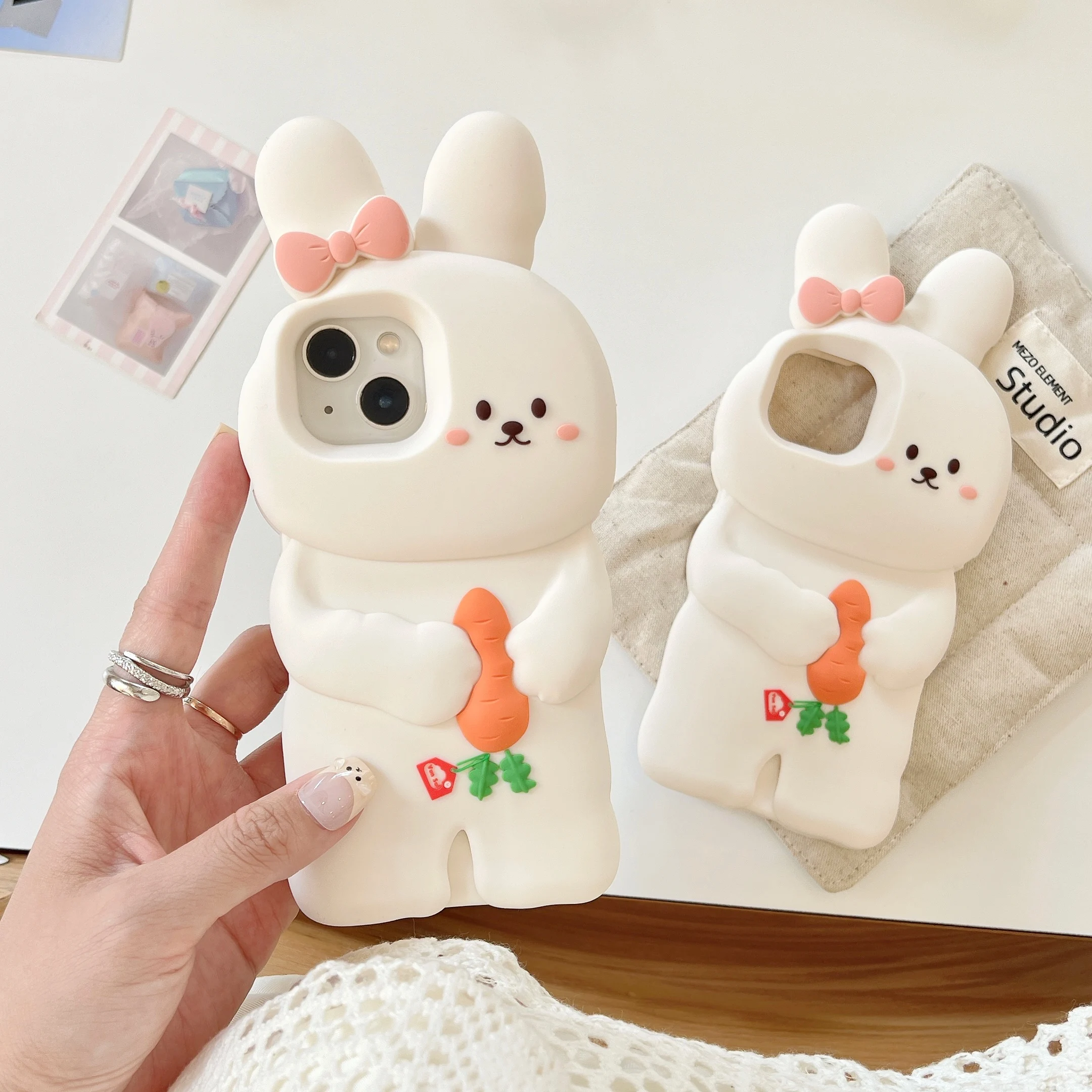 

Korean 3D Cute Cartoon Bow White Big Rabbit with Carrot - Soft Silicone Phone Case For iPhone 12 13 14 15 16 Pro Max Shockproof
